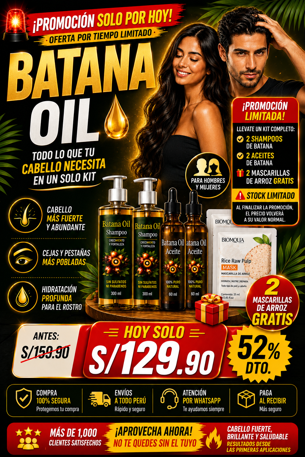 🌿 KIT BATANA CAPILAR | Shampoo + Aceite + Mascarilla Facial GRATIS 🎁